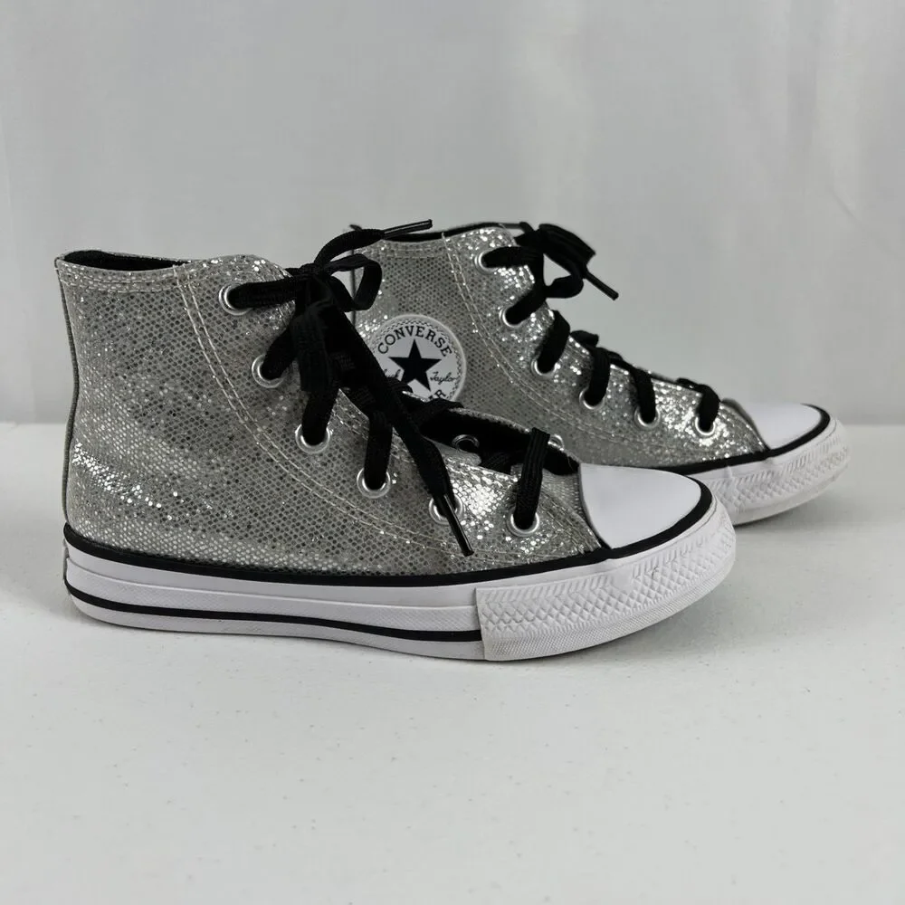 Silver Glitter Bling Converse Hi Top ￼Shoes Sneakers Girls Youth Size 12